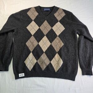 Davis & Squire Men XL V-Neck Argyle Sweater 100% 2 Ply Cashmere Dark Gray Preppy